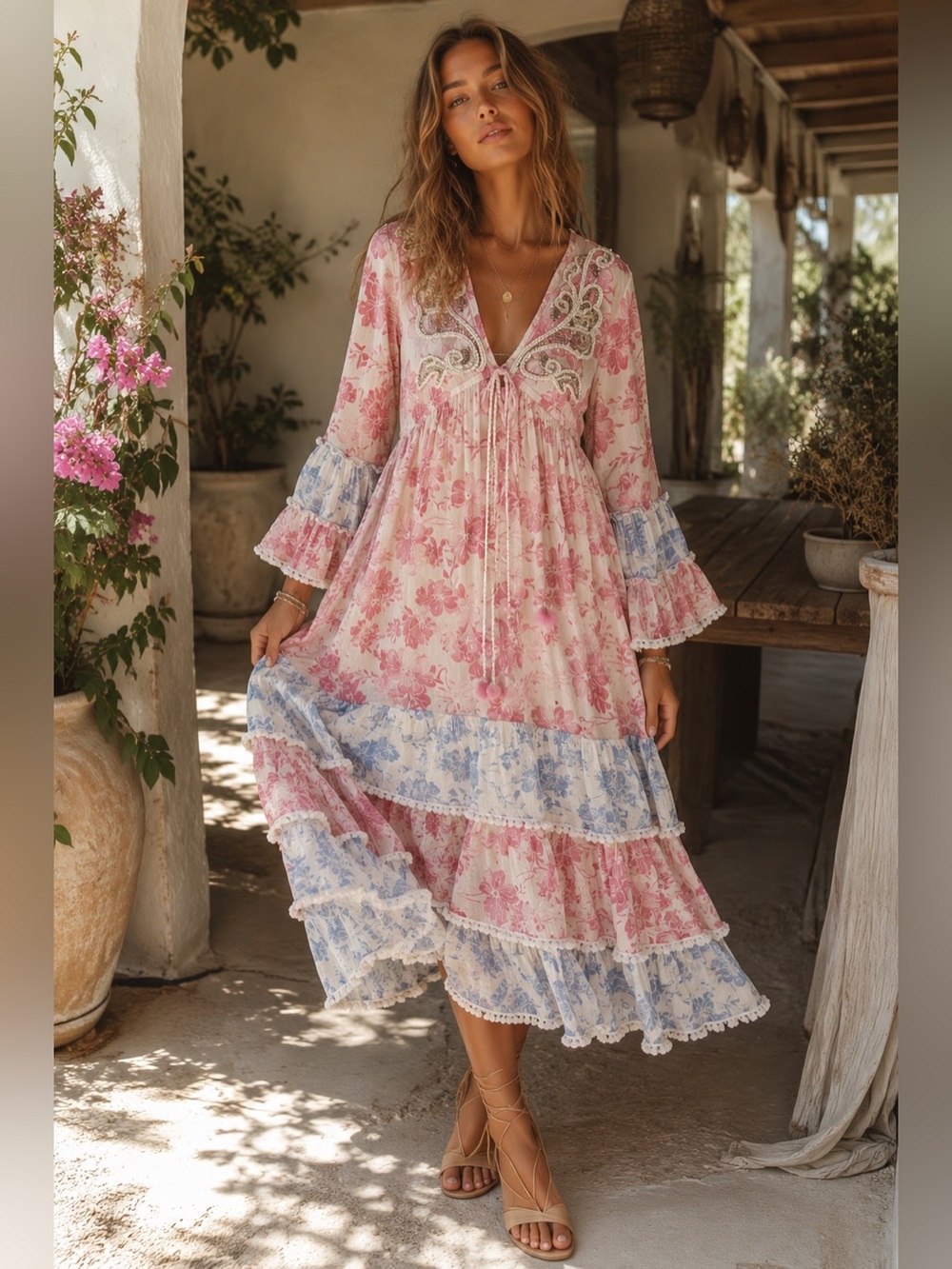 Golden Days Paris Boho Floral Embellished Maxi Dress NWT S/M 100% Viscose